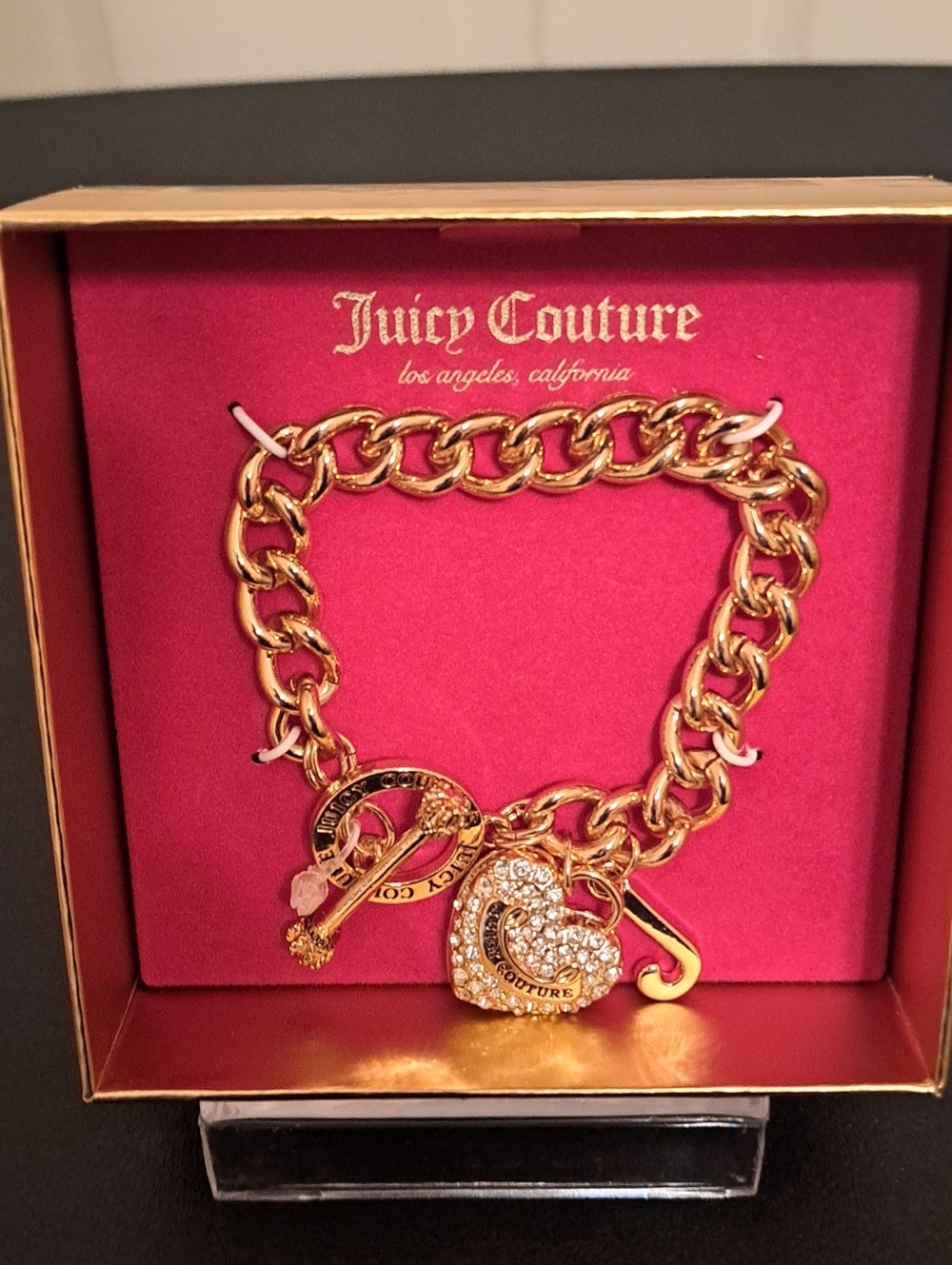 Juicy Couture Gold-Tone Chunky Chain Bracelet with Crystal Heart Charm NIB